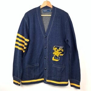 Polo Ralph Lauren Cardigan Letterman Varsity Moose Buttons Sz Large Blue Preppy